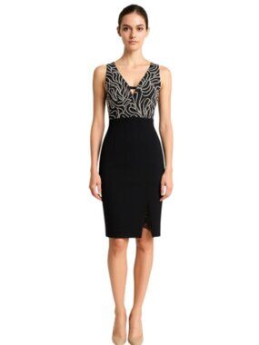 Papaya Medium Black Bodycon Dress V-Neck Lace Trim USA Black Gray White Print